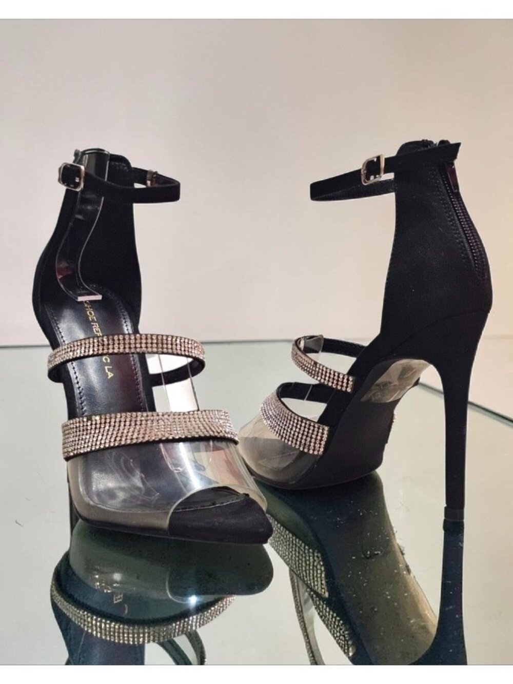 Rhinestone Clear Strap High Heels With Ankle Buckle & Back Zipper - Elegant Blac